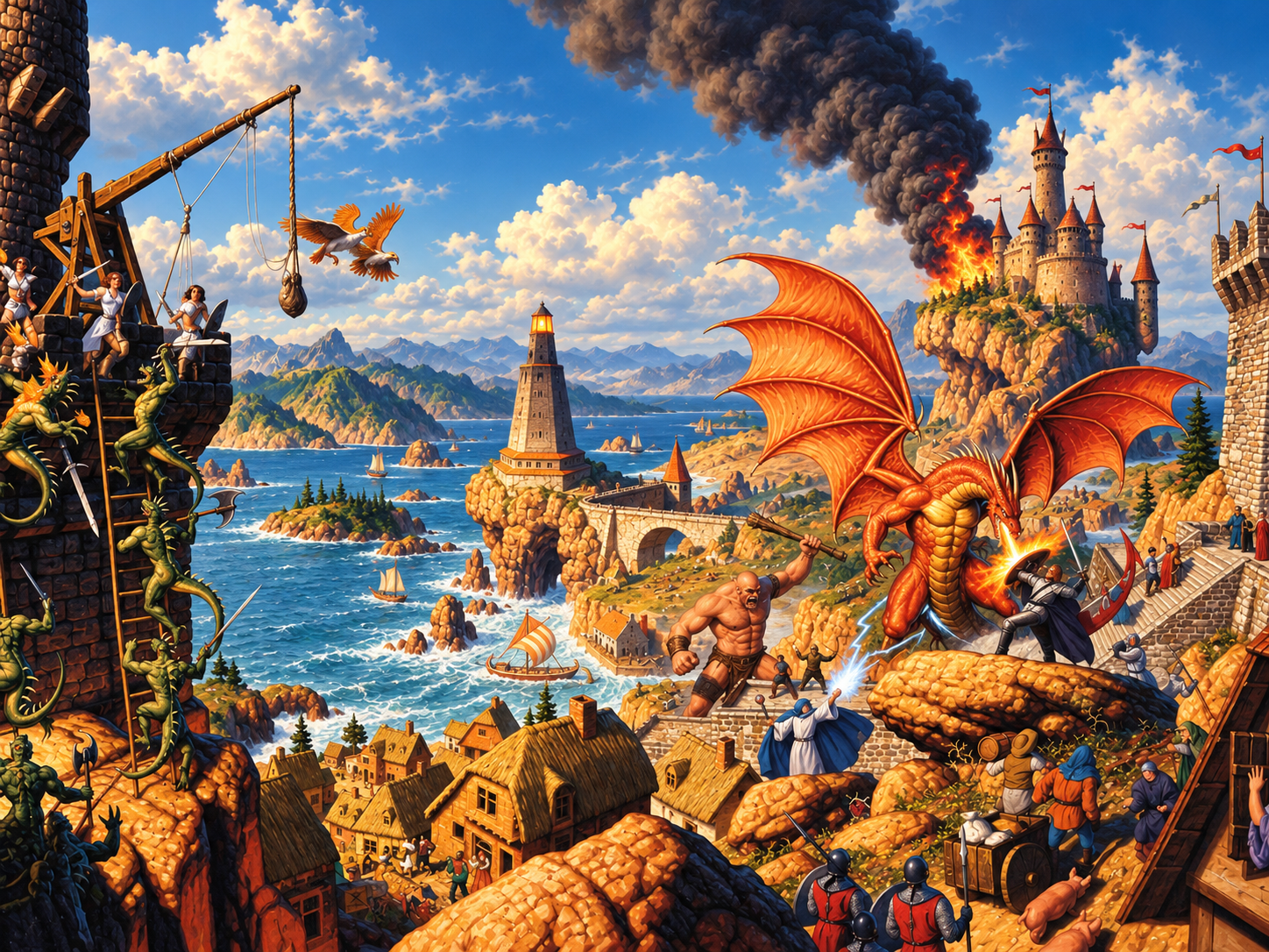 A coastal battle in Britannia, with a dragon, castle defenders and ships in the bay
